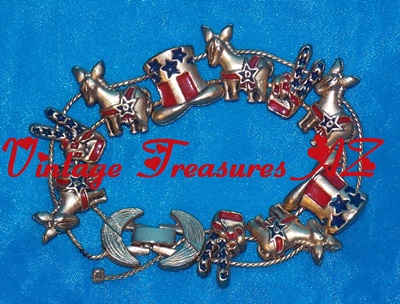 <b><span style='color:purple'> Democrats/Democratic Political Party Patriotic Vintage 1960s-80s Sliding Charm Bracelet (Donkeys/Uncle Sam Hats/2-Fingers Peace Signs Stars & Stripes Goldtone with Red & Blue Enameled Charms) </span></b><span style='color:purple'> <b><span style='color:red'> USPS FIRST CLASS SHIPPING INCLUDED – DOMESTIC ORDERS ONLY!</span></b><span style='color:purple'> Image for <b><span style='color:purple'> Democrats/Democratic Political Party Patriotic Vintage 1960s-80s Sliding Charm Bracelet (Donkeys/Uncle Sam Hats/2-Fingers Peace Signs Stars & Stripes Goldtone with Red & Blue Enameled Charms) </span></b><span style='color:purple'> <b><span style='color:red'> USPS FIRST CLASS SHIPPING INCLUDED – DOMESTIC ORDERS ONLY!</span></b><span style='color:purple'>
